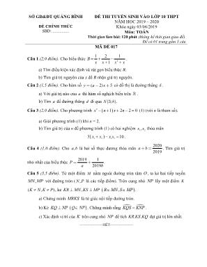 Đề thi tuyển sinh Lớp 10 THPT môn Toán - Mã đề 017+019 - Năm học 2019-2020 - Sở GD và ĐT Quảng Bình
